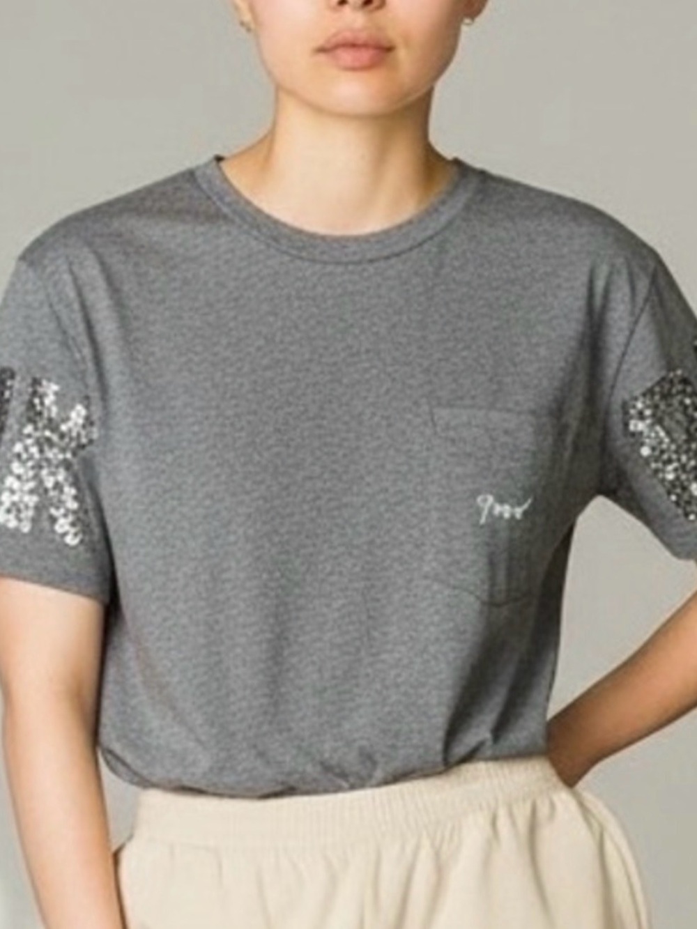 Victoria's Secret PINK Gray Sequin Dog Pocket T-Shirt Bling Sleeve Size L